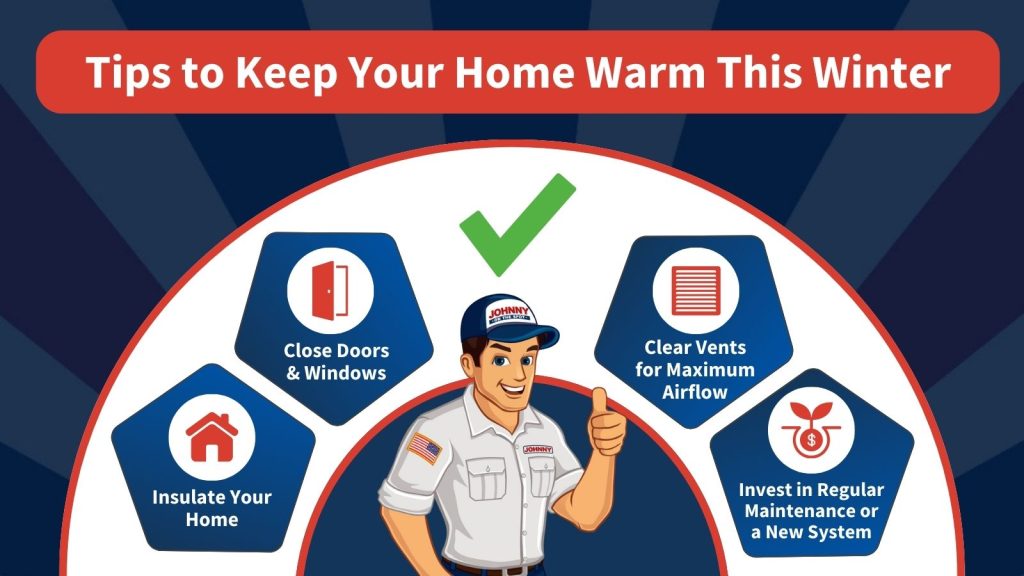 A blue striped graphic with a smiling animated tech that reads, "Tips to keep your home warm this winter."