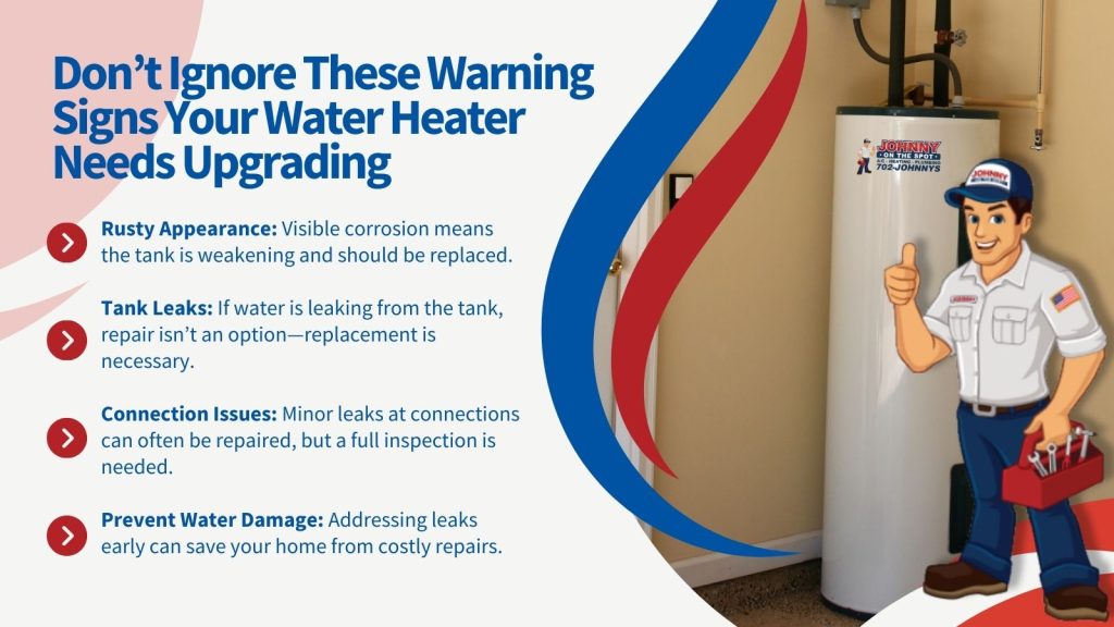 This is an image of a new hot water heater with the Johnny logo character overlaid. The title reads; Don't ignore these warning signs your water heater needs upgrading.