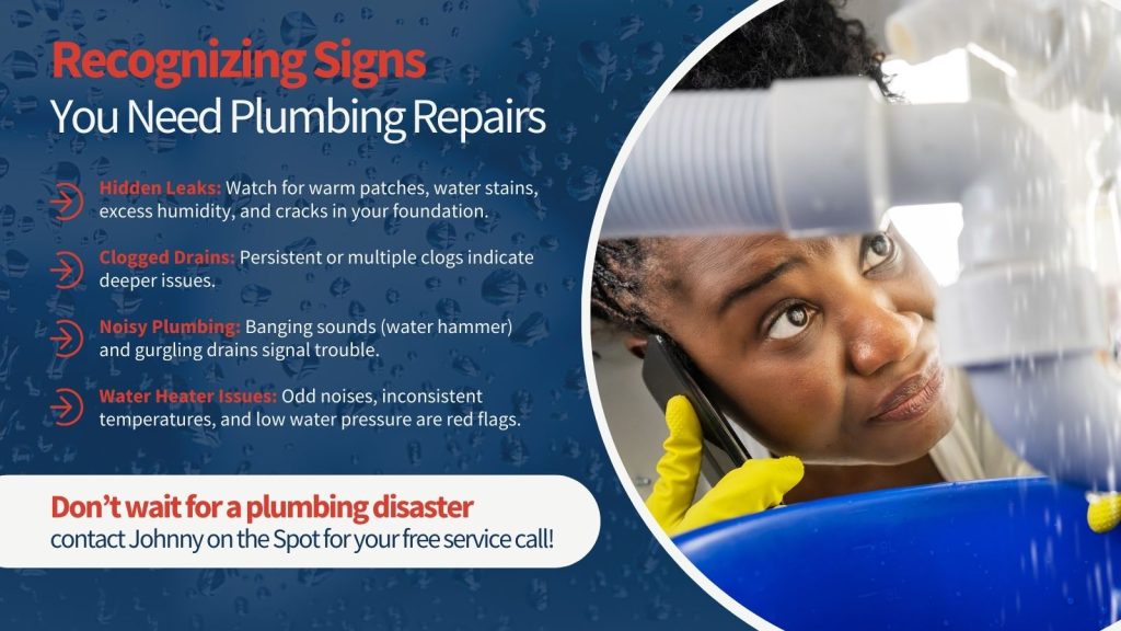 This is a woman under her sink, looking at her leaking pipes with a phone to her head. The headline reads recognizing signs you will need plumbing repair